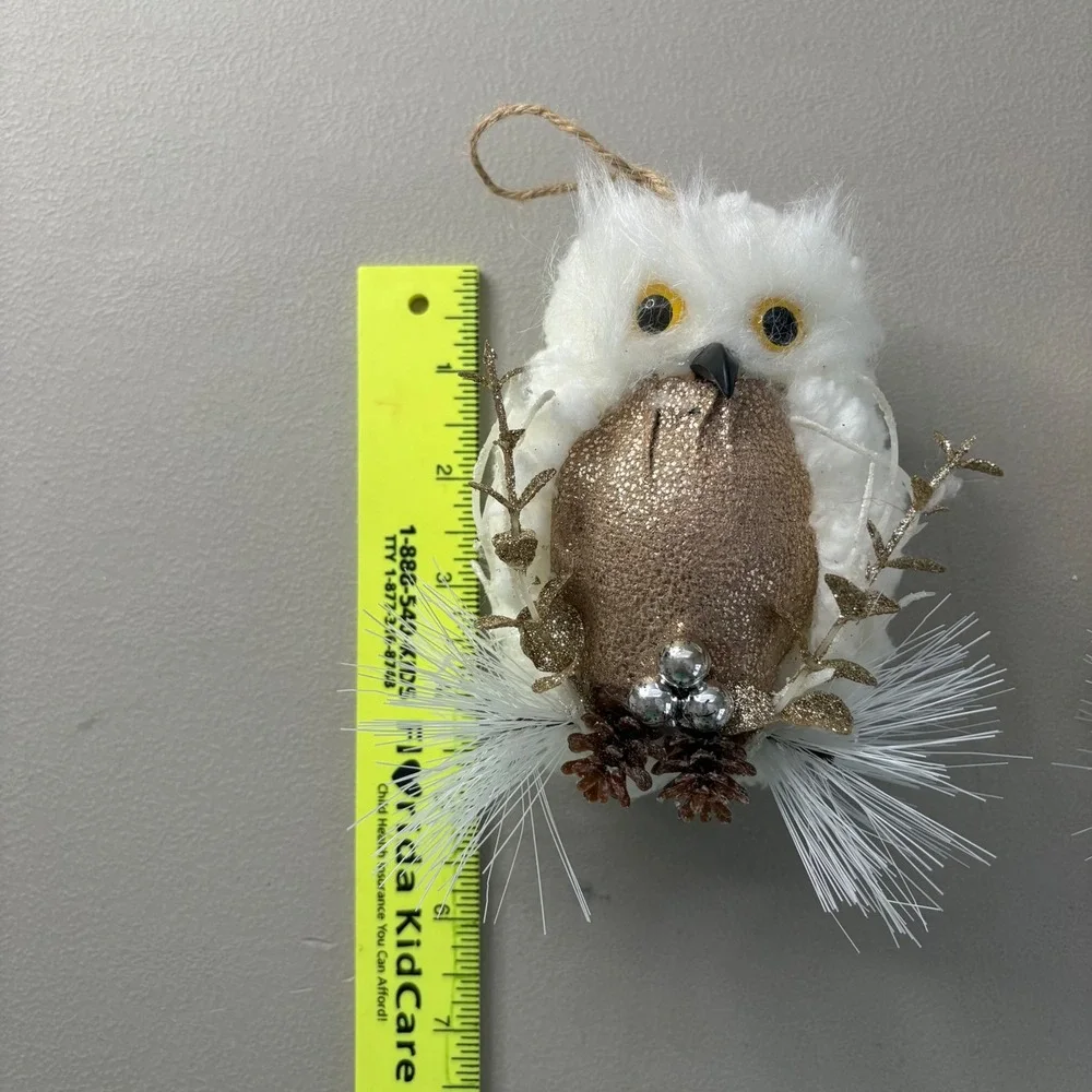 Set of 2 White Faux Fur Owl Christmas Ornaments Rose Gold Glitter Accents 5